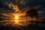 Placeholder: Create an image of a surreal sunset over tranquil lake, radiant golden sunlight streaming through dramatic clouds, lone tree at water’s edge, perfect mirror reflection, warm hues of gold, orange, and deep blue, ethereal atmosphere, cinematic lighting, ultra-detailed textures, emotional and inspirational mood, wide-angle composition