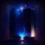 Placeholder: A closed book in a bookshelf with colored edges, dark blue glowing light, fantasy, magic, dark, stars, sparkle