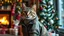 Placeholder: striped cat wearing a coat, in a cosy house near the Christmas tree