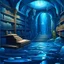 Placeholder: Fantasy cartoon blue underground magical library interior and large with grey stones, and water reflections