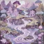 Placeholder: A light purple gorge with a swampy water river designed in Mexican folk art painted by Zhang Lu