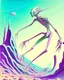 Placeholder: an ethereal and pastel alien creature, with shifting limbs and slender composition, is climbing through a strange wild landscape , highly polished, chrome airbrush style, dreamlike composition, color penciling color palette, surrealistic retro-futurism, rotoscoping, psychedelic aesthetic, metaphysical, highly detailed, arthur lismet, artstation, 1960s psychedelic drawing with art nouveau motifs, munch, vibrant, extra terrestrials art, vintage