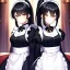 Placeholder: Clear focus, 8k, beautiful lighting, vibrant colors, girl, black hair, long hair, vibrant golden eyes, ponytail, same twins, black hair, golden eyes, same clothes, maid,