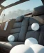 Placeholder: Ultra realistic back seat of limousine image, wide angle view, Alice and white rabbit, many color balls, circus clothing, long hair, smoke, feather long coat, soft color, highly detailed, unreal engine 5, ray tracing, RTX, lumen lighting, ultra detail, volumetric lighting, 3d, finely drawn, high definition, high resolution.