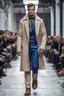 Placeholder: a men winter fashion runway with industrial clothes inspired by Superman style, embroidery elegante fashion beige tones