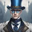 Placeholder: Hyper realistic human male with pale skin and wearing fantasy noble clothes, wearing a top hat with glasses. with short blue hair and blue eyes,