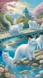 Placeholder: in the center: beautiful chunky white cats playing on a bridge with grey mice, under the brigde flows a small blue river; background: landscape, first plan: pink flowers: white clouds in shape of cats, season: winter