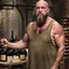 Placeholder: burly ugly 58 year old man bald with short beard and tank top manly chest chooses a bottle of wine in a cellar full of wine bottles dramatic light angry eyes highly detailed