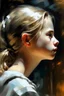 Placeholder: an expressive painting of a beautiful white young girl side view , we might see a companion with features of absolute strength and determination, blended with warmth and deep faith. Perhaps her face expresses wisdom and courage, with eyes radiating confidence and faith.