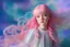 Placeholder: Young girl with pink, white and blue hair and a white dress in a photorealistic portrait style in front of a swirling psychedelic cosmic galaxy background with multicolor lights and swirls