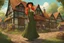 Placeholder: Full body shot of a tall slim pretty, red-headed young female witch, casting magical glowing symbols into the air, dressed in a long flowing green dress, standing in front of a row of cottages and shops with thatched roofs