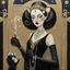 Placeholder: Mixed media, a tall beautiful woman with the head of a Siamese cat, wearing a black dress with pearls and long black gloves, she is holding a cigarette in a cigarette holder, background in the style of art deco Klimt, George Barbier, 3d, Bas relief, encaustic, gold leaf accents.