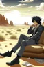 Placeholder: Nicholas Wolfwood Trigun is sitting on a couch in the middle of the desert