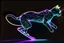 Placeholder: black background, outlines of a full-figure jumping holographic cat, drawn from thin neon-coloured glowing lines