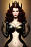 Placeholder: painting of christina hendricks as evil queen in black leather, feminie, angry, volouptous, busty, cleavage, emperious, mature, highly detailed, digital painting, artstation, concept art, smooth, sharp focus, illustration, art by gaston bussiere and alphonse mucha