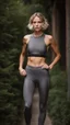 Placeholder: photography of a beautiful anorexic woman, grey satin triathlon top, sports illustrated, blond short wavy bob haircut, pronounced sternum, anthracite running leggins