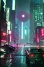 Placeholder: Cyberpunk district with giant foggy skyscarpers, cars, FoV: 100, HD, Unreal Engine 4, heavy rain, rainy streets reflection, neon signs, low contrast, grainy, less color, titanfall,