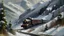 Placeholder: Create an impressionist oil painting of a streamlined train, designed by Kuhler, Dreyfuss, and Loewy, traveling through a mountain pass in the Rocky Mountains during winter, with snow gently falling. Capture the sleek, aerodynamic form of the train, emphasizing its smooth lines and modern elegance with light, fluid brushstrokes. The train should be seen winding its way through the snowy, rugged landscape, its metallic surfaces reflecting the diffused winter light and blending with the soft, fal