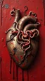 Placeholder: Bosch style painting , A 3D s lot of worms coming out of the middle of a rusty metallic open heart in details on red bloody background