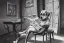 Placeholder: Dog sat on a chair wearing a pair of glasses and reading the newspaper, surrealism, maximalism, dynamic lighting, dynamic movement, panorama, wide-angled lense, DSLR, intricately detailed