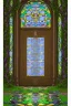 Placeholder: open iron gates made of colorful stained glass, covered in vines, trees, very large entry leading to a lush garden, see lot details in the garden, photo realistic 4k, nature, beautiful hand laid checkered pattern stone walkway path, trending on artstation, sharp focus, studio photo, intricate details, highly detailed, by greg rutkowski