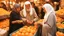 Placeholder: A full-length Palestinian girl wearing an embroidered dress and a white embroidered shawl buys oranges from an old seller wearing a keffiyeh in the market of Jerusalem, 100 years ago, at night with multi-colored lights reflecting on her.