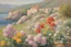 Placeholder: sunny day, stone wall, flowers, spring, normal mountains, river, rocks, distant house, epic, jenny montigny, rodolphe wytsman, and wilfrid de glehn impressionism paintings