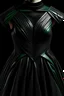 Placeholder: A dark green leather dress, off the shoulder, without sleeves, inspired by the fractal in geometry used in pleats.