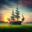 Placeholder: ship, green meadow, sunset, photorealistic, 8k