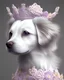 Placeholder: Ultra realistc natural puppy in white dress with white hair. Around lilac, indigo, bianco giallo and pink natural roses. White backgroung. An intricate detailed white 3D paper patchwork, crown, diadem, fantasy, rose tones, beautiful