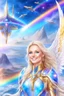 Placeholder: cosmic woman angels smile,admiral high commander from the future, one fine whole face, crystalline skin, expressive blue eyes,rainbow, smiling lips, very nice smile, costume rainbow pleiadian, Beautiful tall woman pleiadian Galactic commander, ship, perfect datailed golden galactic suit, high rank, long blond hair, hand whit five perfect detailed finger, amazing big blue eyes, smilling mouth, high drfinition lips, cosmic happiness, bright colors rainbow, blue, pink, gold, jewels, realist,8k