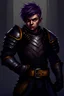 Placeholder: fierce expression, short man, halfling, purple spiky hair, dark black detailed heavy armor, armored shoulderpad, armored pants, realistic, realism, painting, yellow eyes, chain strapped on the belt,