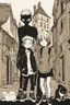 Placeholder: three teenage street children two boys and one punk girl in book-cover poses on the screen of an old town plus a black cat as a companion, graphic style