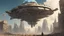 Placeholder: A small, wide, squat Spaceship hovering in a ruined alien city, surrounded by tall damaged buildings, clear blue sky, small white clouds, photorealistic