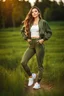 Placeholder: fullbody shot of young-beautiful-girl-with-a-perfect-face wearing pants and thight blouse and jacket sport shoes standing in country side green field day lights