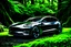 Placeholder: A Tesla's 'Model S Plaid' is parked, amid the 'Jurassic Park' jungle. CINEMATIC. WIDE ANGLE LENS. PHOTO REAL.