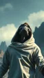 Placeholder: The creature from the the movie Prometheus with white hooded clothes looking to the sky