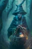 Placeholder: portrait of witch with shiny basket, prehistoric forest, trending art, 8k, depth of field, volumetric fog, hi detail, spray paint