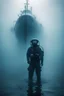 Placeholder: A ghostly navy diver standing in water up to his knees surrounded by a ghostly blue mist. A wrecked Russian submarine is seen in the background.