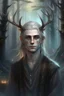 Placeholder: A fantasy portrait of a thin teen boy a with elegant antlers standing amongst a misty forest, pale skin, long silver hair, lean and athletic, simple clothing, dark background, glowing light above, delicate line work, intricate details,