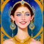 Placeholder: painting of a woman with blue eyes and a smile on her face, inspired by Laurel Burch, wearing pearl earrings, as a tarot card, close-up portrait film still, ecstatic expression, character study, pillhead, skinny face, connectedness, ophelia, moon goddess, the singer, by Robert Dickerson, 2 0 2 0 award winning painting, maria fortuny