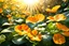 Placeholder: yellow, orange, gold light effects colors, magic garden with nasturtium flower, clear sunny light, highly detailed, high contrast, 8k, high definition, realistic, concept art, sharp focus