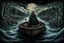 Placeholder: on the river Styx, in a special creepy boat, the boatman in the hood of Death, who takes the guilty people to the endless darkness, to hell on the boat, the crowd of crying, howling, begging dead, surreal style, dark colors, strange surreal nightmare landscape, high detail, sinister, surreal art, chillingly fascinating