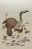 Placeholder: John James Audubon-like illustration of a fully uncropped Dodo bird and a Platypus in a landscape of warm yellows, warm reds, and warm blues