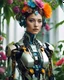 Placeholder: Length picture photography realistic pretty woman super model in custom humanoid futuristic robotic mechanicals flowers plants weird MAYA RICH goddess, COLORFUL