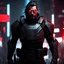 Placeholder: tall mysterious male bodyguard wearing kevlar body armor, red eyes, shoulder length hair, cyberpunk background, dark and intriguing, confident, intense, handsome, video game characer, trending ArtStation, trending DeviantArt