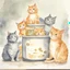 Placeholder: watercolor illustration of mischievous cats forming a cat pyramid to get up on a counter with "CATNIP" jar on it, cute, whimsical, by Shawn Tan