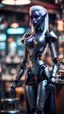 Placeholder: full body portrait of robotic dark elf drow princess chilling at the metro barber shop tool shed,bokeh like f/0.8, tilt-shift lens 8k, high detail, smooth render, down-light, unreal engine, prize winning