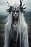 Placeholder: Otherworldly, heilung little witch singer and a white crow, Cara Delevigne MacKenzie Foy Avril Lavigne, tribal dance fur open dress, beautiful long white dreadlocks hair, 15 years old Nordic young girl, black face paint stripes on the eyes, plays magic in the stormy misty moor, closeup of the white crow, intricate, pagan music art, rune simbol in the forest background, high detailled, fanart, oil painting, 8k, Oil painting, heavy brush strokes, hyperrealistic paint splashes Jerem