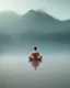 Placeholder: person meditating floating above water with mountains in the background